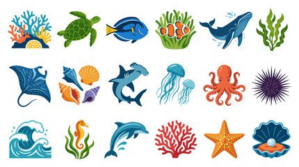 Fototapeta premium Marine Life Animals and Ocean Elements Flat Vector Icon Set - Underwater Creatures Collection