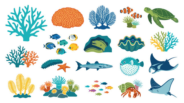 Underwater Marine Life Flat Vector Illustration Set with Ocean Animals, Fish, and Coral Reef Elements