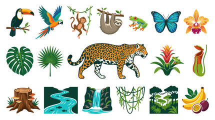 Obraz premium Flat Vector Rainforest Nature Set: Tropical Animals, Plants Jungle Elements Collection