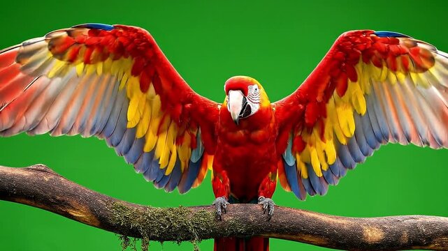 Vibrant Scarlet Macaw with wings spread wide perched on a branch against a bright green background symbolizing freedom and exotic wildlife