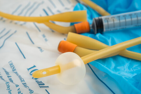 Foley urinary catheter with urine bag for disability or patient in hospital.
