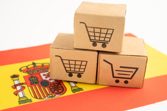 Box with shopping online cart logo and Spain flag,