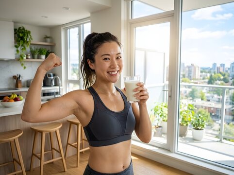 Young athletic Asian woman flexing muscle arm while holding glass of fresh milk in bright apartment