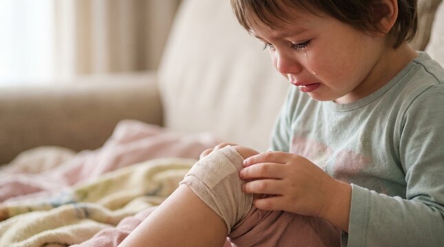 Young child crying and touching a bandaged knee on a sofa  