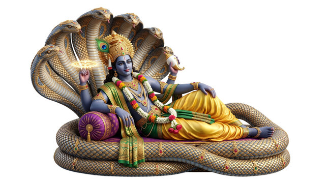 Lord vishnu reclining on shesha naga isolated on transparent background