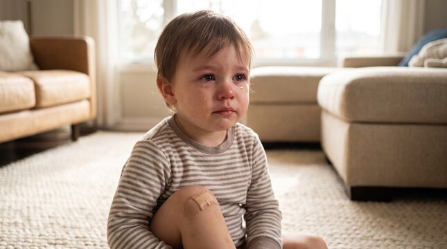 Crying toddler sitting on a soft floor with a bandaged knee at home  