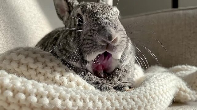 Close-up of a sleepy grey pet rabbit yawning widely nestled in a soft knitted blanket conveying comfort and domestic animal life