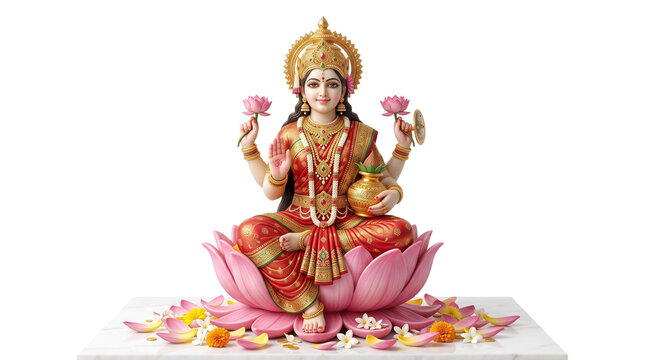Statue of hindu goddess lakshmi sitting on a lotus isolated on transparent background