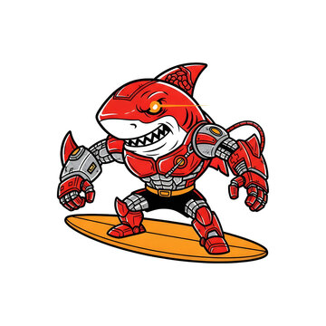 cartoon shark character surfing on yellow board with cybernetic arms and aggressive grin