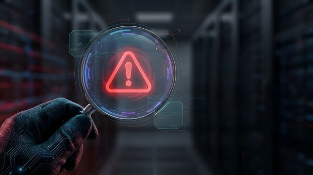 Cyber security warning symbol viewed through magnifying glass in server room