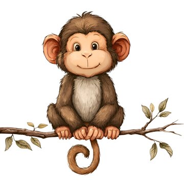Cute cartoon monkey sitting on a tree branch, with large ears and a playful expression, digital illustration