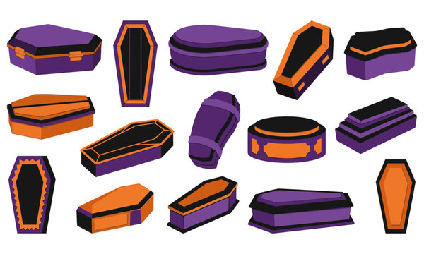Halloween Coffin Vector Set, Spooky Purple and Orange Coffins Clipart Elements