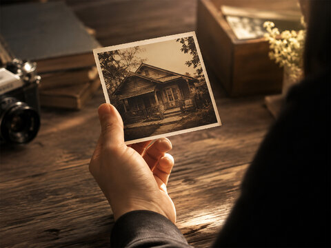 A hand holding a photograph of a past memory, hand holding a photo album
