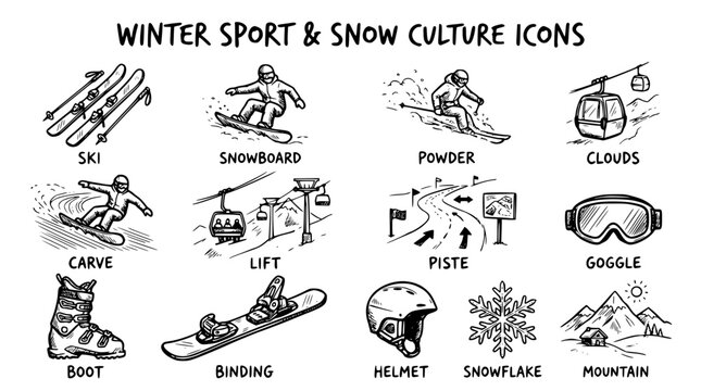 Hand drawn modern winter sport snow culture icons ski snowboard powder carve lift piste boot binding goggle, black ink sketch vector illustration
