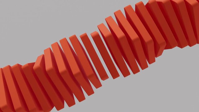 3D abstract animation of a twisted chain of orange rectangular bars against a gray background. Seamless loop, minimalist, modern geometric design for tech and creative backgrounds
