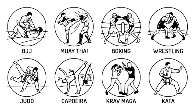 Hand drawn modern martial art combat fitness icons bjj muay thai boxing wrestling judo capoeira krav kata, black ink sketch vector illustration