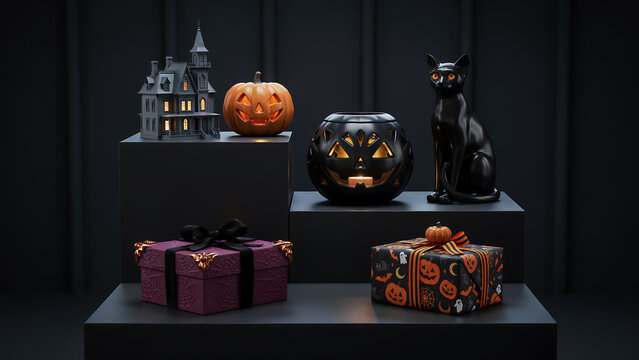 Spooky halloween still life composition with gift boxes and decorative figures halloween decorations celebration presents