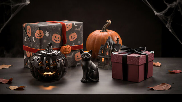 Halloween decoration setup with gift boxes and black cat ornament halloween decoration celebration atmospheric seasonal