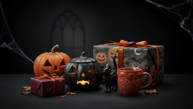 Halloween decoration composition with carved pumpkins, wrapped gift boxes and black cat figurine on dark surface, still life