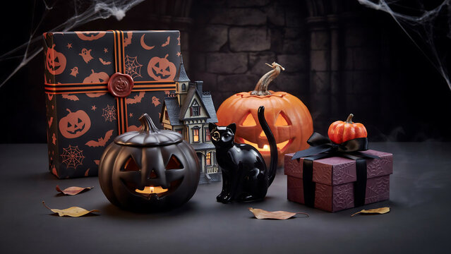 Festive halloween display featuring carved pumpkin gift boxes and black cat ornament on rustic dark table gift box still life