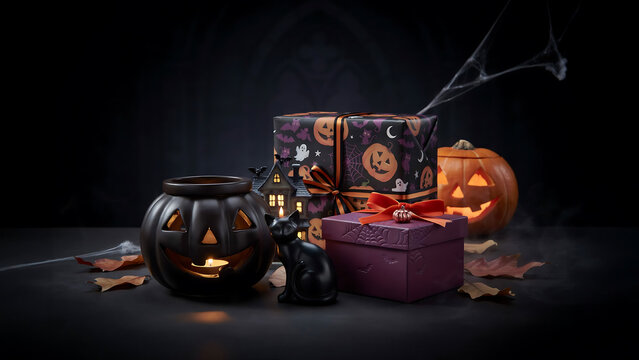 Atmospheric halloween scene with wrapped gifts and glowing pumpkin lantern halloween decoration celebration atmospheric