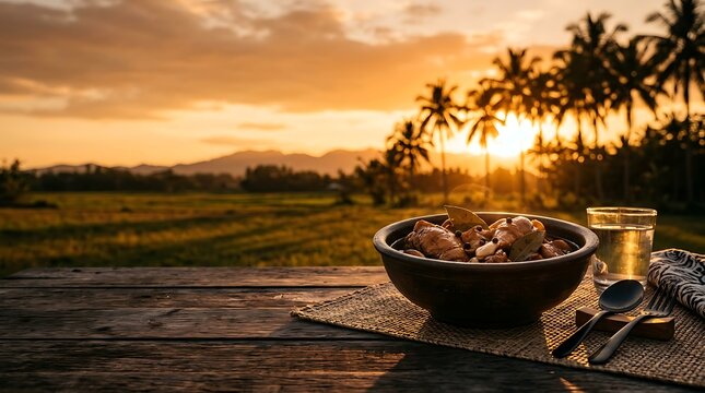 Chicken adobo stew served on a rustic wooden table at sunset