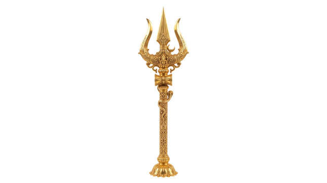 Golden trishul with snake and damaru isolated on transparent background