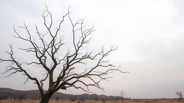 A leafless tree with sharp branches against an overcast sky in a dry landscape.