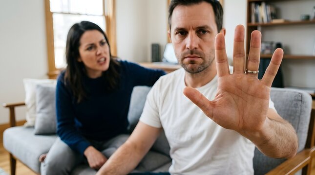 Upset man showing stop hand gesture while angry woman shouting at him during relationship conflict at home