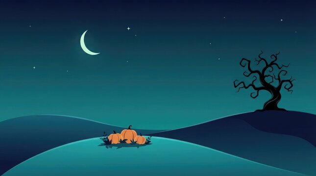 Halloween pumpkins under a crescent moon with bare tree