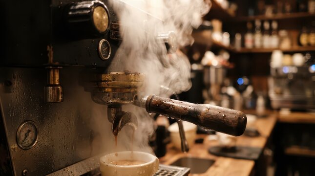 Professional Espresso Machine Brewing Fresh Coffee In A Cozy Cafe Setting Steam