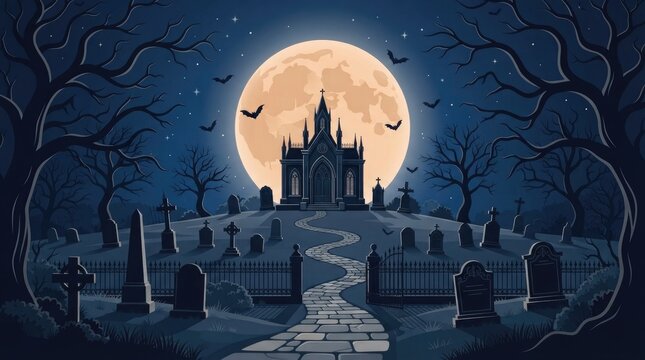 Gothic castle under a full moon at night