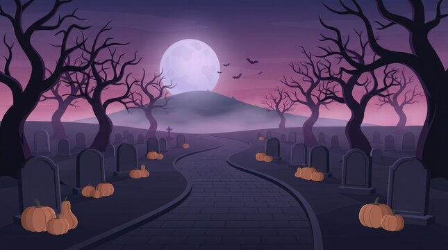 Moonlit forest scene with cherry blossoms and pumpkins