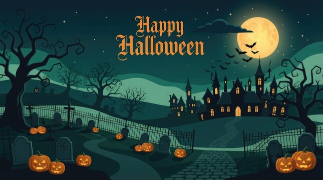 Happy halloween village scene with jack o lanterns