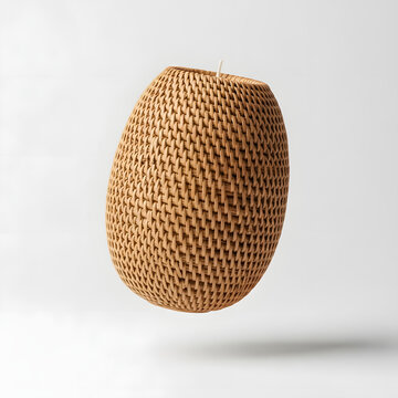 Floating woven rattan egg pod on minimalist white background