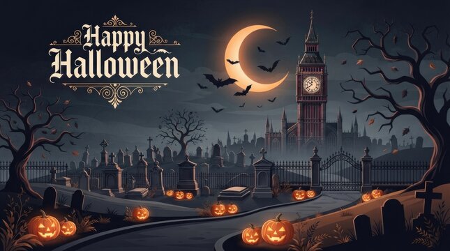 Happy halloween spooky village with jack o lanterns