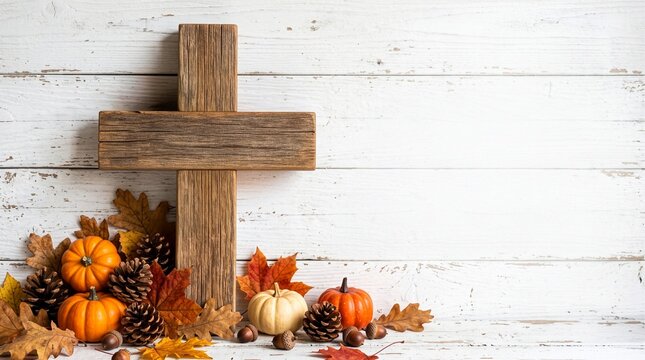 Thanksgiving background image with a wooden cross