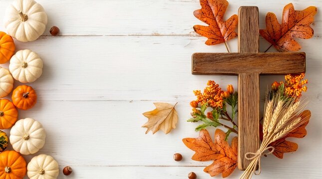 Thanksgiving background image with a wooden cross