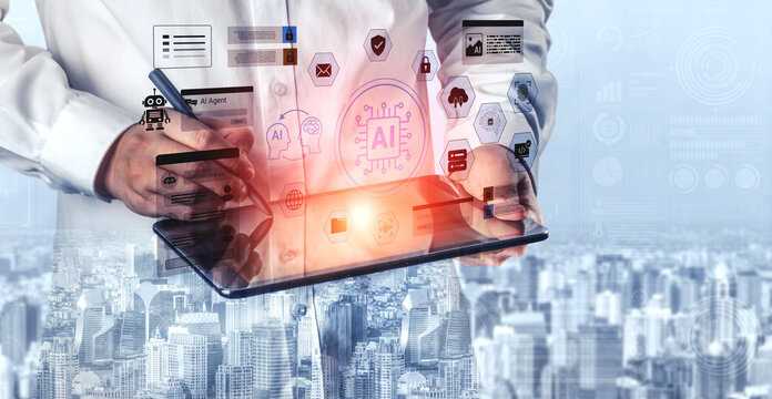 A business professional interacts with a tablet, visualizing data and insights about artificial intelligence in a bustling urban environment, symbolizing innovation and technology. Ledger