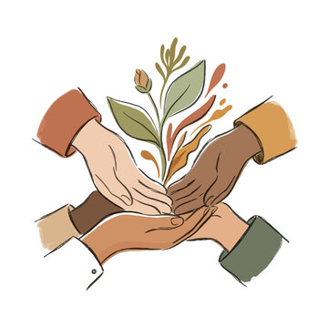 Diverse hands nurturing plant growth concept art