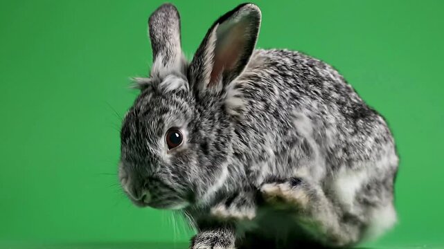 A fluffy gray and white rabbit grooming itself scratching its ear on a vibrant green screen ideal for pet care animal behavior or spring concepts