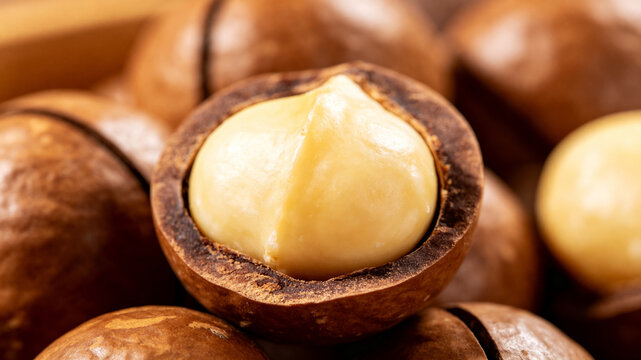 Close Up of Cracked Macadamia Nuts and Creamy Kernels