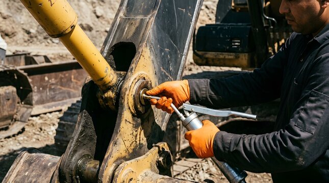 Mechanic Applying Lubricant With Grease Gun To Excavator Arm Pin Joint During Machinery Maintenance