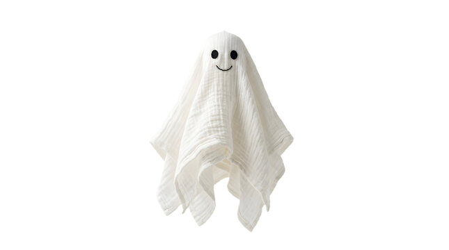 Cute ghost plush toy made of soft white muslin fabric isolated on transparent background