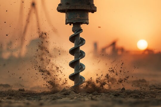 Auger drill bit boring into dry earth at sunset