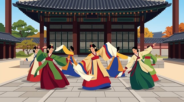 Women performing traditional korean dance at a historic palace
