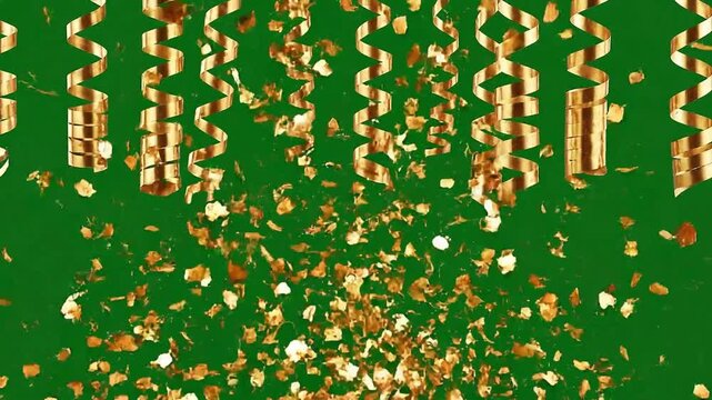 Falling gold confetti and shimmering streamers against a vibrant green background creating a dynamic festive element perfect for celebrations holidays and party designs
