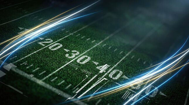 A dynamic, digitally created image showcases a football field with glowing lines and streaks of light. The field is a vibrant green, overlaid with the classic white yard lines.