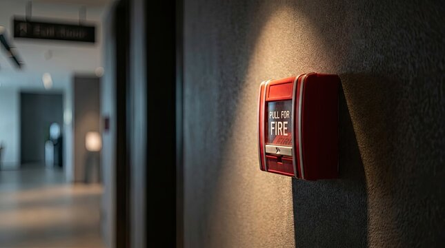 A bright red fire alarm is mounted on a textured wall in a dimly lit hallway. The alarm box is illuminated, highlighting the &lsquo;PULL FOR FIRE&rsquo; text.