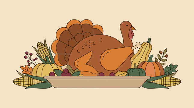 Flat design vector illustration of a roasted turkey with fall harvest vegetables, corn, pumpkins, and squash on a platter